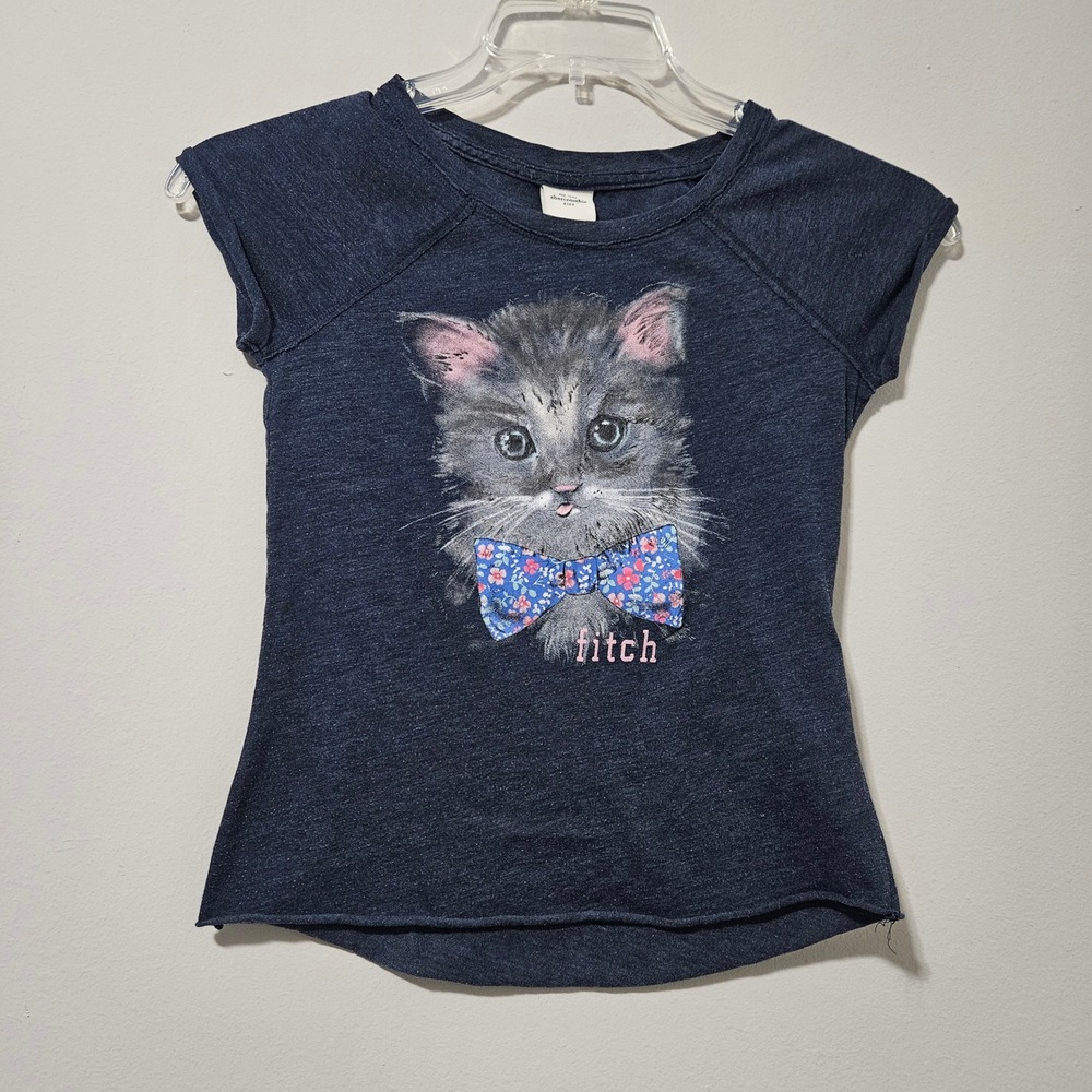 Abercrombie Kids Navy Blue Kitten Graphic Tee Shirt Floral Bow Tie Size Medium‎